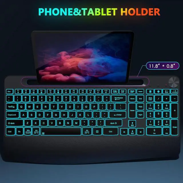 Alt view image 3 of 7 - Ergonomic Wireless Backlit Keyboard with Phone Holder,Rechargeable Wireless Keyboard Mouse Combo with Light Up Keys for for Laptop, PC, Mac, Windows-Grey Black