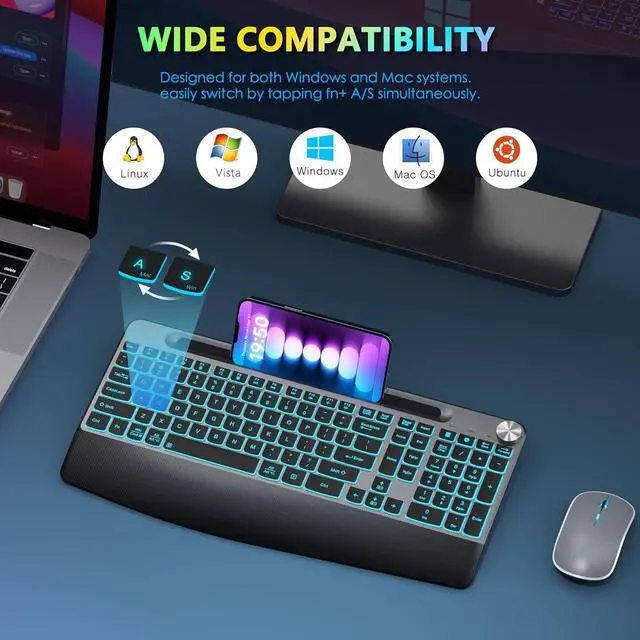 Alt view image 6 of 7 - Ergonomic Wireless Backlit Keyboard with Phone Holder,Rechargeable Wireless Keyboard Mouse Combo with Light Up Keys for for Laptop, PC, Mac, Windows-Grey Black