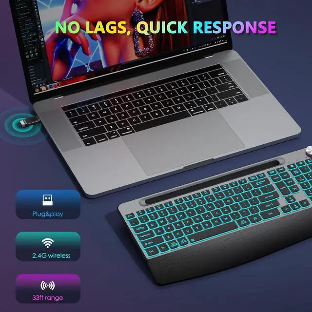 Alt view image 5 of 7 - Ergonomic Wireless Backlit Keyboard with Phone Holder,Rechargeable Wireless Keyboard Mouse Combo with Light Up Keys for for Laptop, PC, Mac, Windows-Grey Black