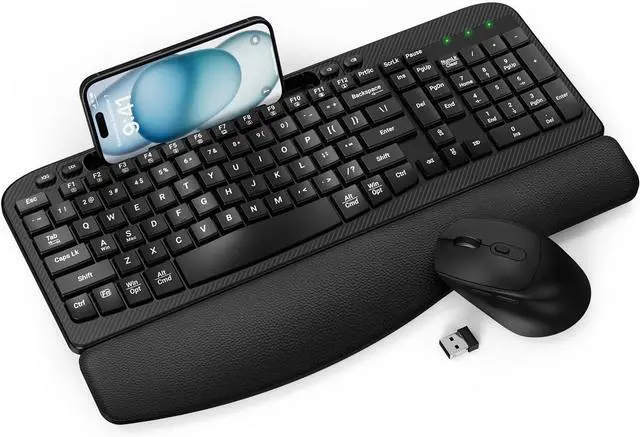 Main image of Wireless Keyboard and Mouse Combo, Wave Keys Full-Sized Ergonomic Keyboard with Cushioned Plam Rest, Phone Holder, Comfortable Natural Typing, 2.4G Cordless Set for Computer, Laptop, PC, Mac, Windows