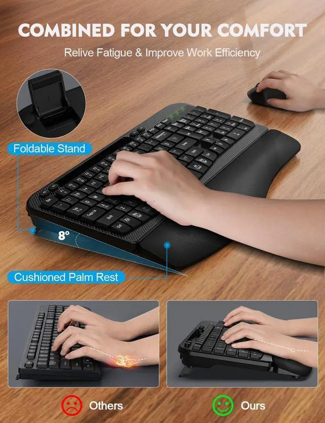 Alt view image 4 of 7 - Wireless Keyboard and Mouse Combo, Wave Keys Full-Sized Ergonomic Keyboard with Cushioned Plam Rest, Phone Holder, Comfortable Natural Typing, 2.4G Cordless Set for Computer, Laptop, PC, Mac, Windows