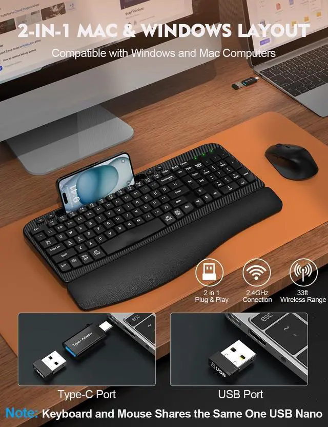 Alt view image 6 of 7 - Wireless Keyboard and Mouse Combo, Wave Keys Full-Sized Ergonomic Keyboard with Cushioned Plam Rest, Phone Holder, Comfortable Natural Typing, 2.4G Cordless Set for Computer, Laptop, PC, Mac, Windows