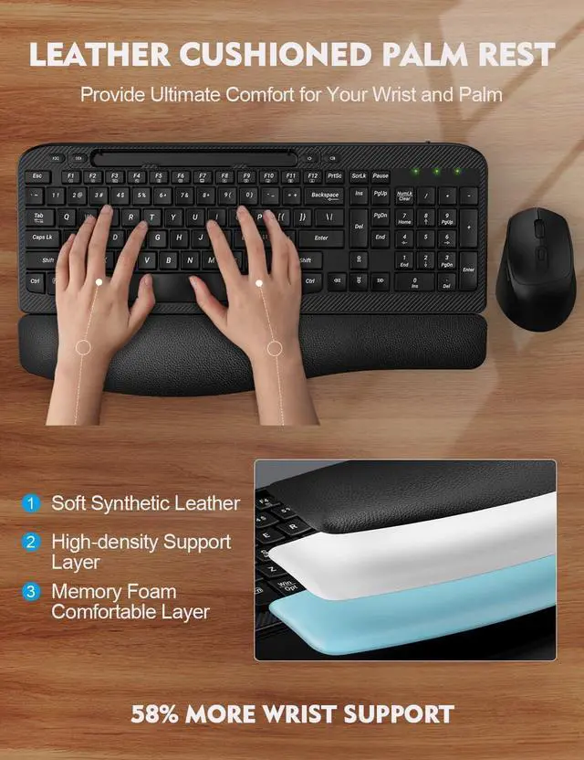 Alt view image 2 of 7 - Wireless Keyboard and Mouse Combo, Wave Keys Full-Sized Ergonomic Keyboard with Cushioned Plam Rest, Phone Holder, Comfortable Natural Typing, 2.4G Cordless Set for Computer, Laptop, PC, Mac, Windows