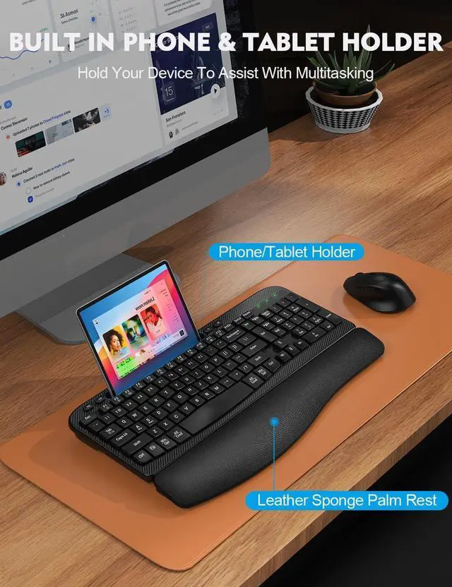 Alt view image 5 of 7 - Wireless Keyboard and Mouse Combo, Wave Keys Full-Sized Ergonomic Keyboard with Cushioned Plam Rest, Phone Holder, Comfortable Natural Typing, 2.4G Cordless Set for Computer, Laptop, PC, Mac, Windows