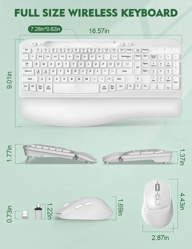 Alt view image 2 of 7 - Wireless Keyboard and Mouse Combo, Wave Keys Full-Sized Ergonomic Keyboard with Cushioned Plam Rest, Phone Holder, Comfortable Natural Typing, 2.4G Cordless Set for Computer, Laptop, PC, Mac, Windows
