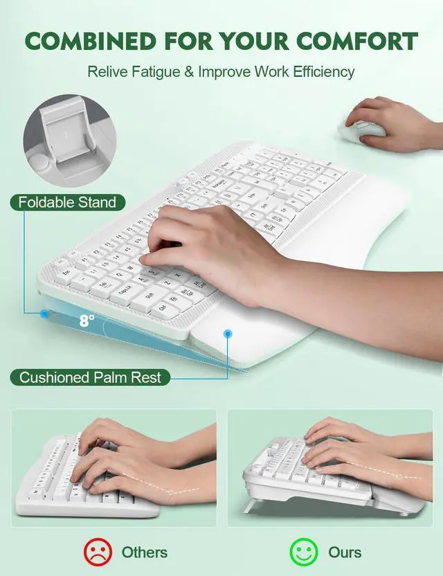 Alt view image 4 of 7 - Wireless Keyboard and Mouse Combo, Wave Keys Full-Sized Ergonomic Keyboard with Cushioned Plam Rest, Phone Holder, Comfortable Natural Typing, 2.4G Cordless Set for Computer, Laptop, PC, Mac, Windows