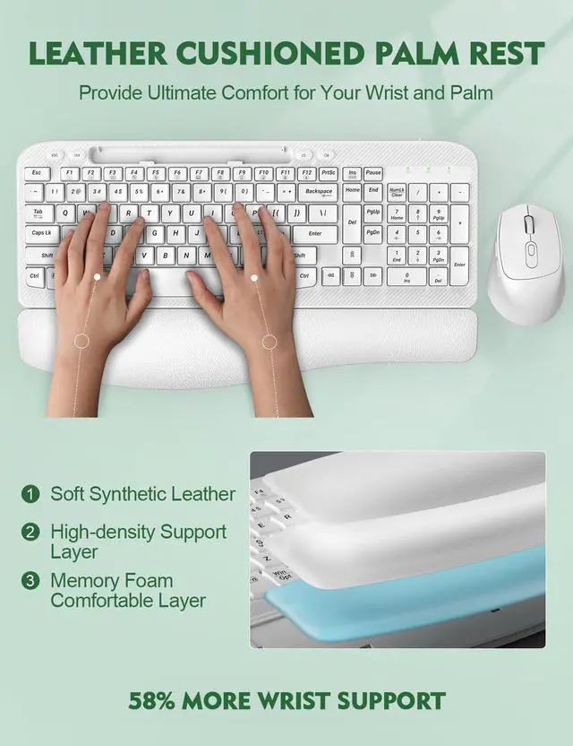 Alt view image 3 of 7 - Wireless Keyboard and Mouse Combo, Wave Keys Full-Sized Ergonomic Keyboard with Cushioned Plam Rest, Phone Holder, Comfortable Natural Typing, 2.4G Cordless Set for Computer, Laptop, PC, Mac, Windows