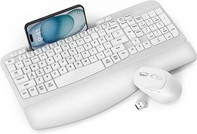 Main image of Wireless Keyboard and Mouse Combo, Wave Keys Full-Sized Ergonomic Keyboard with Cushioned Plam Rest, Phone Holder, Comfortable Natural Typing, 2.4G Cordless Set for Computer, Laptop, PC, Mac, Windows