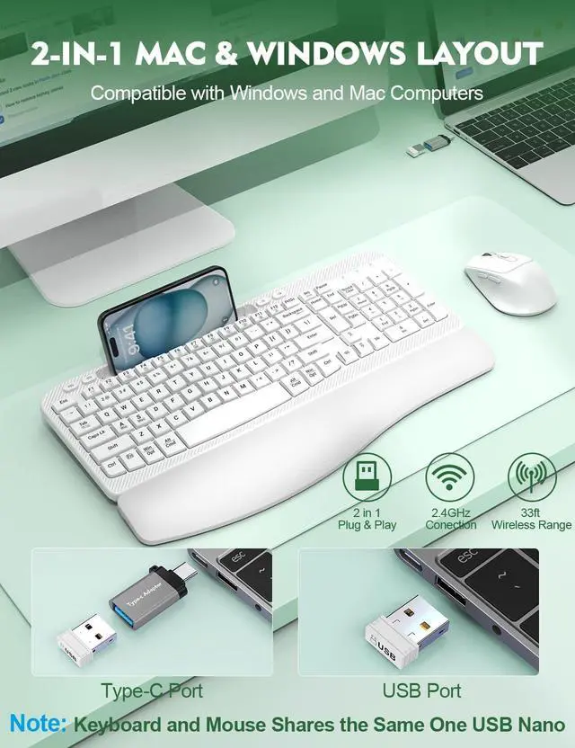 Alt view image 6 of 7 - Wireless Keyboard and Mouse Combo, Wave Keys Full-Sized Ergonomic Keyboard with Cushioned Plam Rest, Phone Holder, Comfortable Natural Typing, 2.4G Cordless Set for Computer, Laptop, PC, Mac, Windows