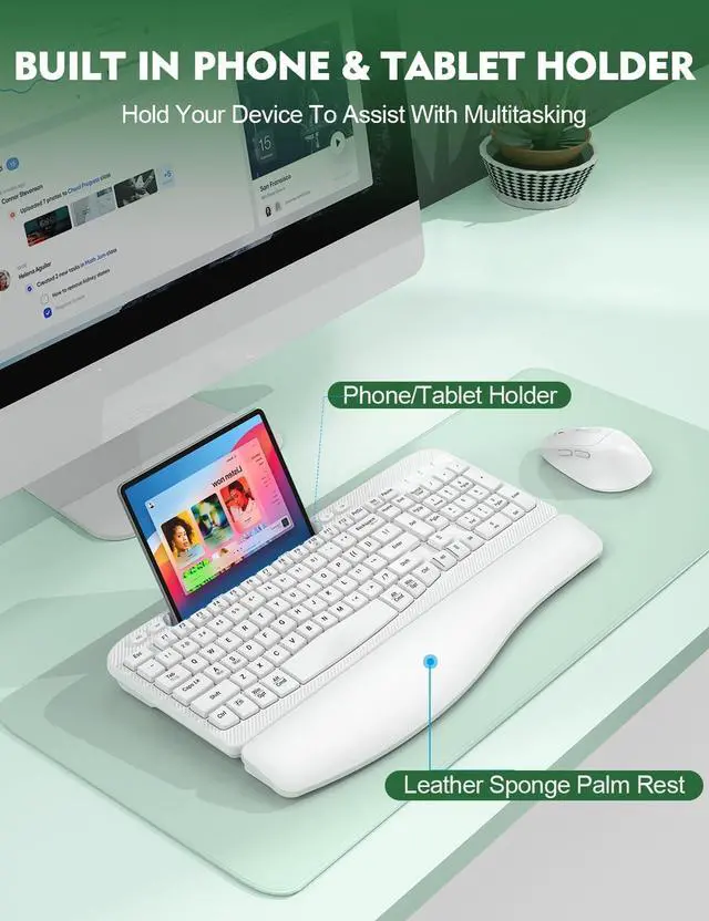 Alt view image 5 of 7 - Wireless Keyboard and Mouse Combo, Wave Keys Full-Sized Ergonomic Keyboard with Cushioned Plam Rest, Phone Holder, Comfortable Natural Typing, 2.4G Cordless Set for Computer, Laptop, PC, Mac, Windows