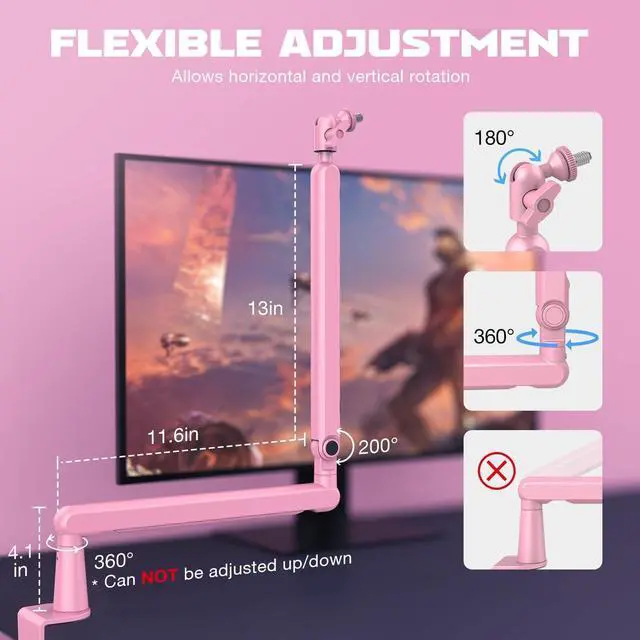 Alt view image 4 of 7 - Low Profile Boom Arm Mic Stand, Microphone Stand with Cable Management Channel, Desk Clamp, Screw Adapter for Streaming Podcast Recording, Adjustable Metal Mic Boom Arm Pink-BM88P