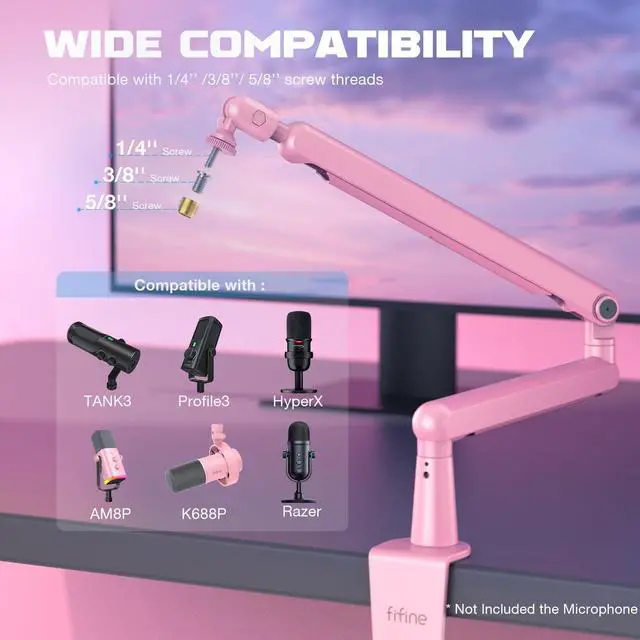 Alt view image 3 of 7 - Low Profile Boom Arm Mic Stand, Microphone Stand with Cable Management Channel, Desk Clamp, Screw Adapter for Streaming Podcast Recording, Adjustable Metal Mic Boom Arm Pink-BM88P