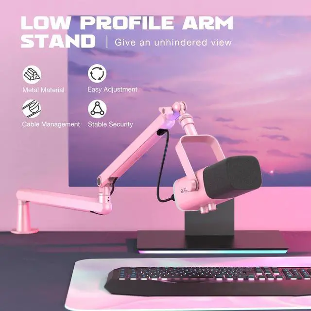Alt view image 2 of 7 - Low Profile Boom Arm Mic Stand, Microphone Stand with Cable Management Channel, Desk Clamp, Screw Adapter for Streaming Podcast Recording, Adjustable Metal Mic Boom Arm Pink-BM88P