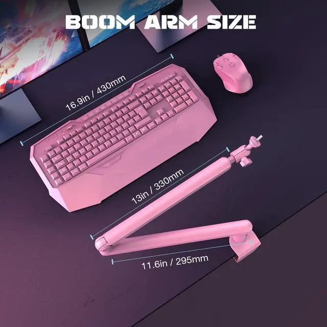 Alt view image 6 of 7 - Low Profile Boom Arm Mic Stand, Microphone Stand with Cable Management Channel, Desk Clamp, Screw Adapter for Streaming Podcast Recording, Adjustable Metal Mic Boom Arm Pink-BM88P
