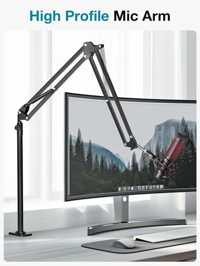 Alt view image 2 of 7 - Desk Mic Stand, 360° Rotatable Overhead Mic Boom Arm Microphone Stands High Riser for Blue Yeti Snowball HyperX QuadCast SoloCast Fifine Shure SM7B and Other Mics