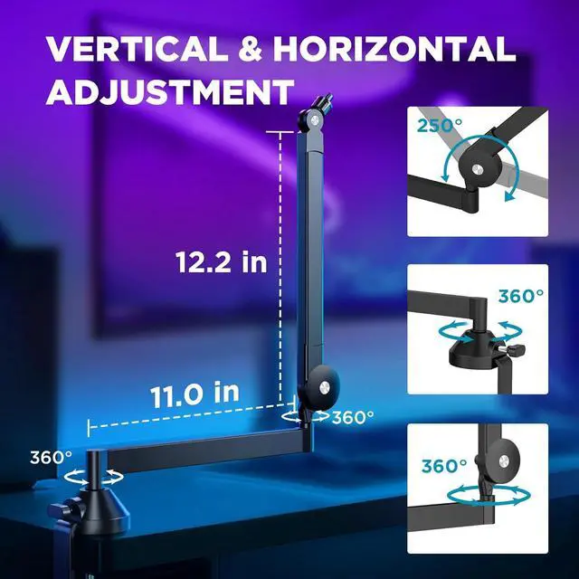 Alt view image 3 of 7 - Low Profile Mic Arm, 360° Rotatable Microphone Boom Arm Mic Stand for Fifine AM8 K669B Blue Yeti HyperX QuadCast SoloCast AT2020, with Mic Clip 3/8" to 5/8", 3/8" to 1/4" Adapter, Black