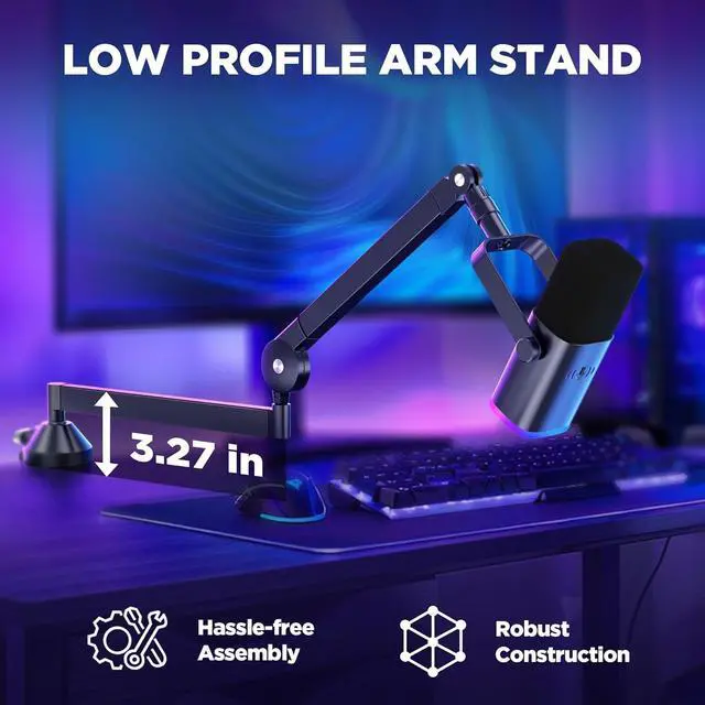 Alt view image 2 of 7 - Low Profile Mic Arm, 360° Rotatable Microphone Boom Arm Mic Stand for Fifine AM8 K669B Blue Yeti HyperX QuadCast SoloCast AT2020, with Mic Clip 3/8" to 5/8", 3/8" to 1/4" Adapter, Black