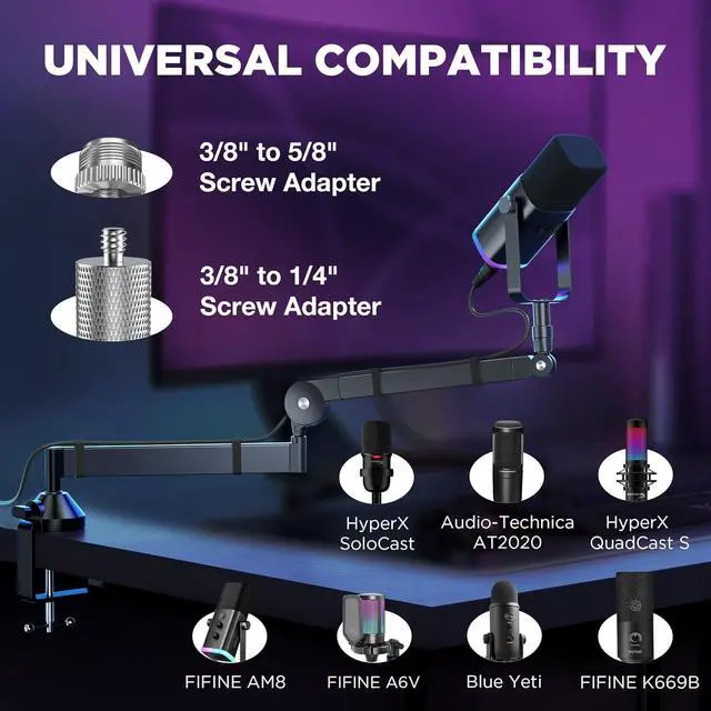 Alt view image 7 of 7 - Low Profile Mic Arm, 360° Rotatable Microphone Boom Arm Mic Stand for Fifine AM8 K669B Blue Yeti HyperX QuadCast SoloCast AT2020, with Mic Clip 3/8" to 5/8", 3/8" to 1/4" Adapter, Black
