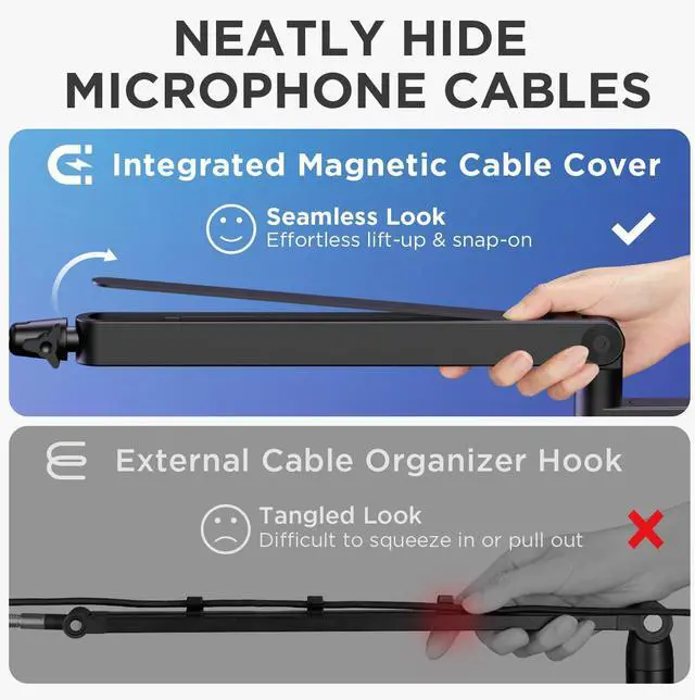 Alt view image 3 of 7 - Microphone Boom Arm, 360° Rotatable Low Profile Mic Stand with Magnetic Cable Management Desk Mount for Fifine AM8 K669B Blue Yeti HyperX QuadCast SoloCast AT2020, Black