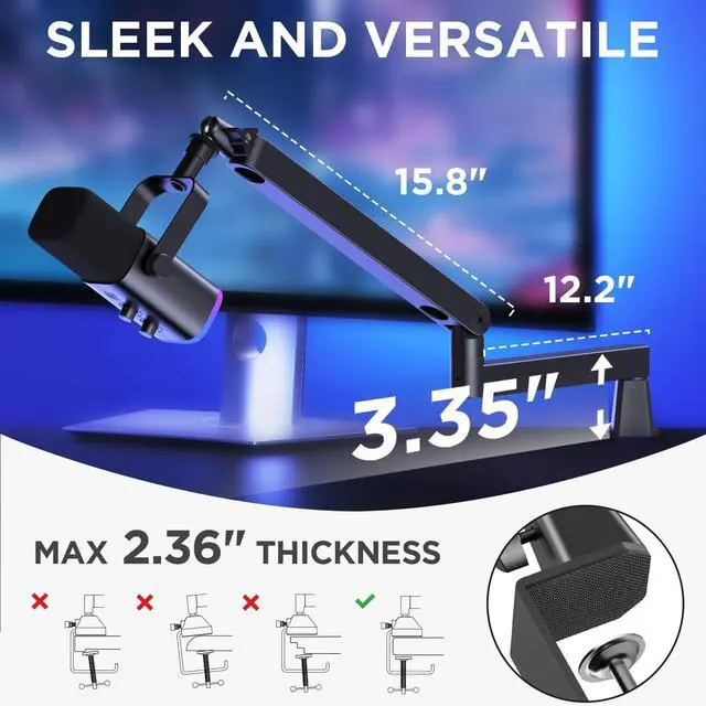 Alt view image 4 of 7 - Microphone Boom Arm, 360° Rotatable Low Profile Mic Stand with Magnetic Cable Management Desk Mount for Fifine AM8 K669B Blue Yeti HyperX QuadCast SoloCast AT2020, Black
