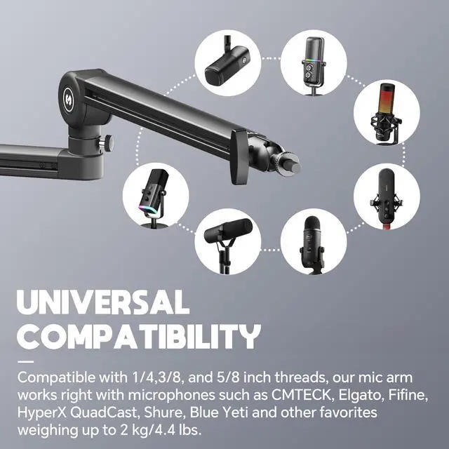 Alt view image 6 of 7 - Microphone Boom Arm, Low Profile 360° Adjustable Stick Microphone Arm Stand with Desk Mount Clamp, 5.91" Extended Riser, Screw Adapter, Cable Management, for Podcast Streaming Gaming Studio