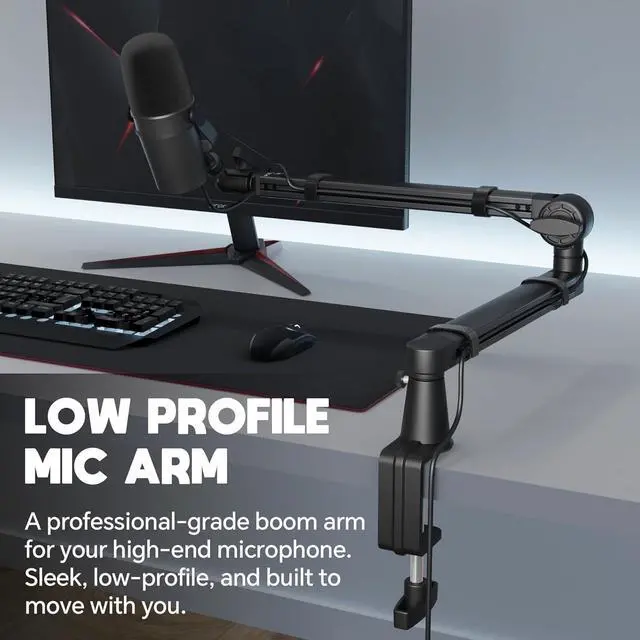 Alt view image 2 of 7 - Microphone Boom Arm, Low Profile 360° Adjustable Stick Microphone Arm Stand with Desk Mount Clamp, 5.91" Extended Riser, Screw Adapter, Cable Management, for Podcast Streaming Gaming Studio