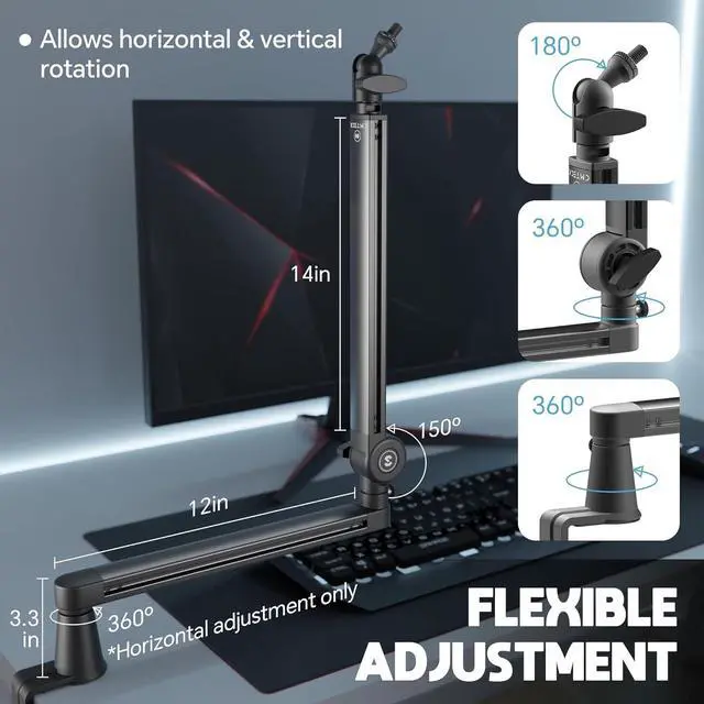 Alt view image 4 of 7 - Microphone Boom Arm, Low Profile 360° Adjustable Stick Microphone Arm Stand with Desk Mount Clamp, 5.91" Extended Riser, Screw Adapter, Cable Management, for Podcast Streaming Gaming Studio