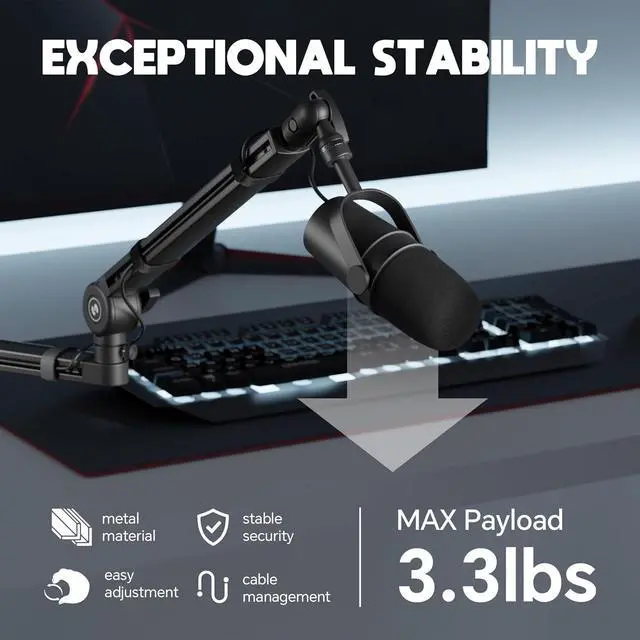 Alt view image 5 of 7 - Microphone Boom Arm, Low Profile 360° Adjustable Stick Microphone Arm Stand with Desk Mount Clamp, 5.91" Extended Riser, Screw Adapter, Cable Management, for Podcast Streaming Gaming Studio