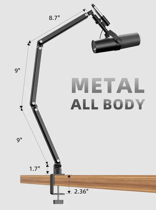 Alt view image 4 of 7 - Mic Arm for Lightweight Mics, Microphone Arm Rotatable, Storable Desk Mic Stand for Bear 3LB with Mount Clamp, Mic Stand Boom Arm with Cable Channel with 3/8'' 5/8'' Thread for Podcast, Gaming