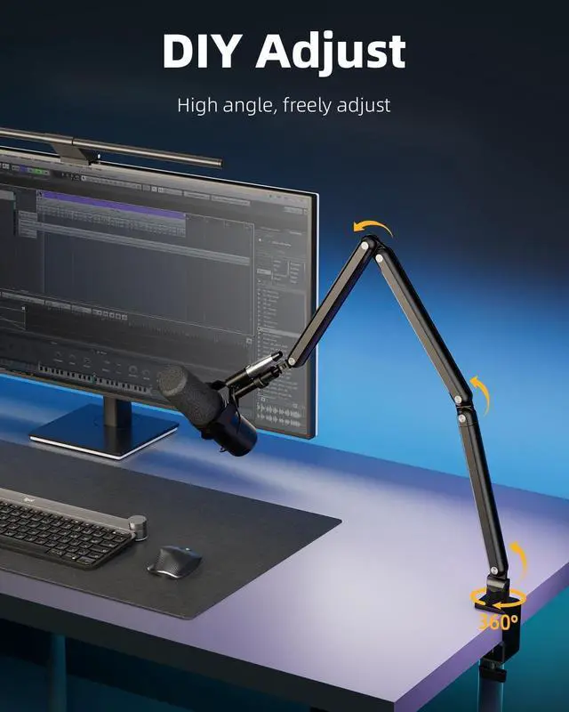 Alt view image 5 of 7 - Mic Arm for Lightweight Mics, Microphone Arm Rotatable, Storable Desk Mic Stand for Bear 3LB with Mount Clamp, Mic Stand Boom Arm with Cable Channel with 3/8'' 5/8'' Thread for Podcast, Gaming