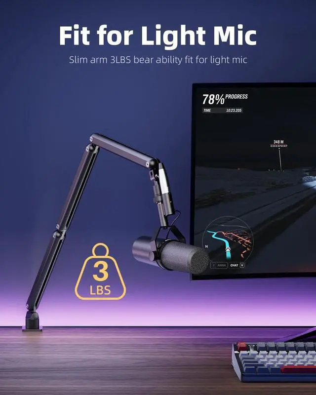 Alt view image 2 of 7 - Mic Arm for Lightweight Mics, Microphone Arm Rotatable, Storable Desk Mic Stand for Bear 3LB with Mount Clamp, Mic Stand Boom Arm with Cable Channel with 3/8'' 5/8'' Thread for Podcast, Gaming