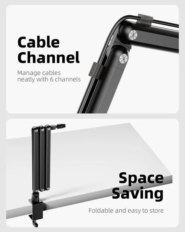 Alt view image 7 of 7 - Mic Arm for Lightweight Mics, Microphone Arm Rotatable, Storable Desk Mic Stand for Bear 3LB with Mount Clamp, Mic Stand Boom Arm with Cable Channel with 3/8'' 5/8'' Thread for Podcast, Gaming