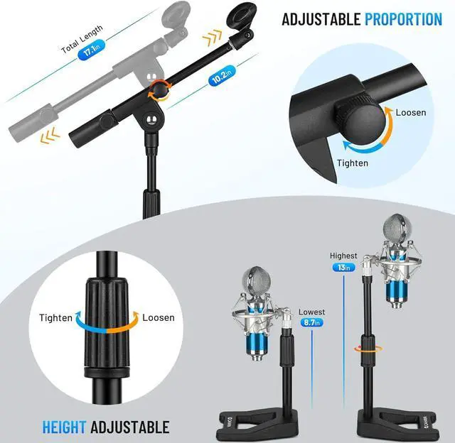 Alt view image 6 of 7 - Mic Stand Desk Adjustable - Boom Arm Desktop Microphone Stand Metal Weighted Base A-frame Table Mic Mount with 2 Mic Clips 3/8" to 5/8" Screw Adapter Mic Mount for Singing Stage Performance