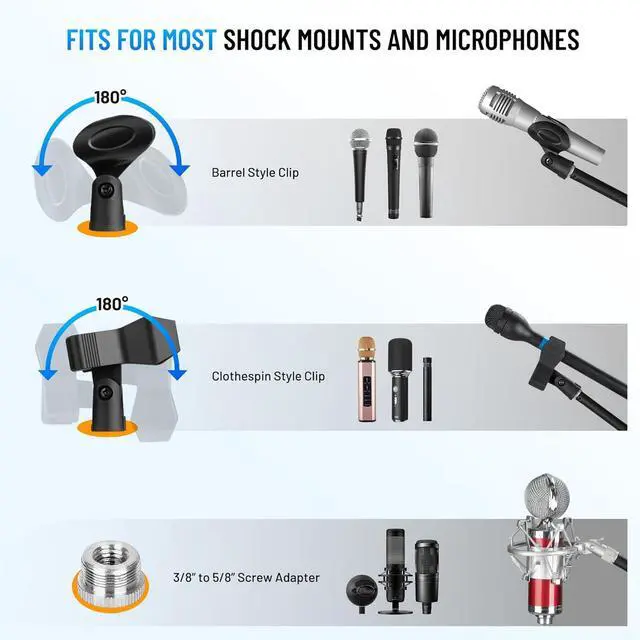 Alt view image 7 of 7 - Mic Stand Desk Adjustable - Boom Arm Desktop Microphone Stand Metal Weighted Base A-frame Table Mic Mount with 2 Mic Clips 3/8" to 5/8" Screw Adapter Mic Mount for Singing Stage Performance