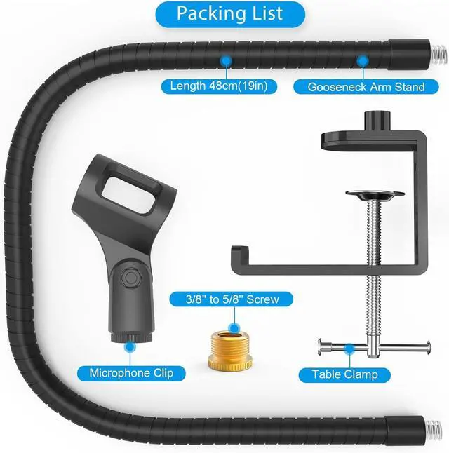 Alt view image 6 of 7 - Microphone Arm Stand,19 Inch Long Universal Gooseneck Desktop Mic Stand with 3/8" to 5/8" Adapter and Microphone Clip Holder, Upgraded Heavy Duty Desk Clamp for Blue Snowball Ice Mics Spark