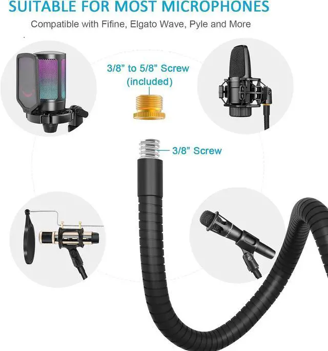 Alt view image 2 of 7 - Microphone Arm Stand,19 Inch Long Universal Gooseneck Desktop Mic Stand with 3/8" to 5/8" Adapter and Microphone Clip Holder, Upgraded Heavy Duty Desk Clamp for Blue Snowball Ice Mics Spark
