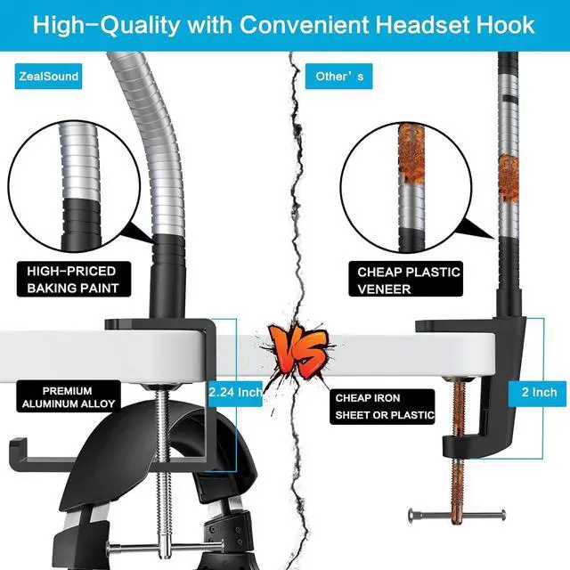 Alt view image 4 of 7 - Microphone Arm Stand,19 Inch Long Universal Gooseneck Desktop Mic Stand with 3/8" to 5/8" Adapter and Microphone Clip Holder, Upgraded Heavy Duty Desk Clamp for Blue Snowball Ice Mics Spark