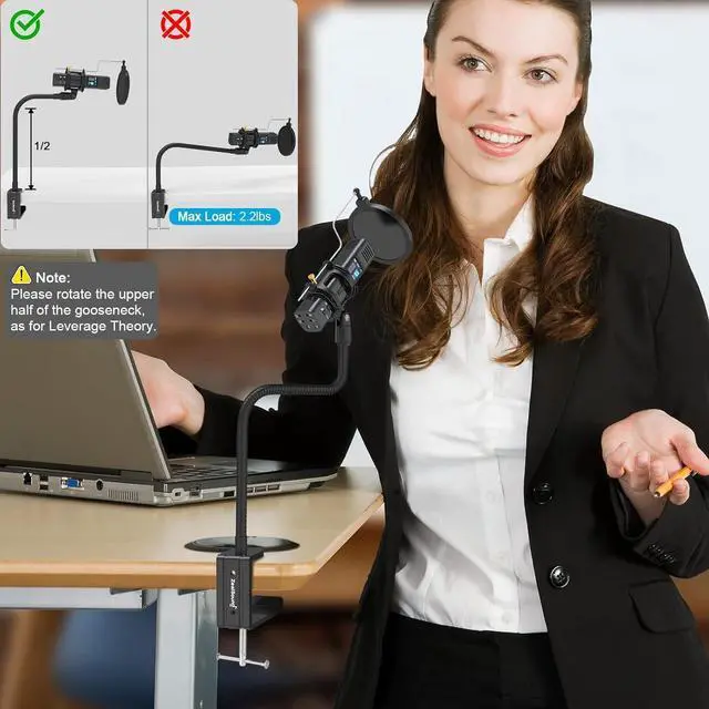 Alt view image 7 of 7 - Microphone Arm Stand,19 Inch Long Universal Gooseneck Desktop Mic Stand with 3/8" to 5/8" Adapter and Microphone Clip Holder, Upgraded Heavy Duty Desk Clamp for Blue Snowball Ice Mics Spark