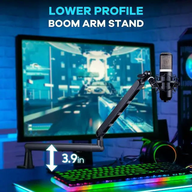 Alt view image 2 of 7 - Mic Stand Boom Arm - Low/High Profile Dual Use Desk Microphone Stand with 3.5in Extension Pole Desk Mount Clamp Cable Management Mic Stands with 2 Mic Clips