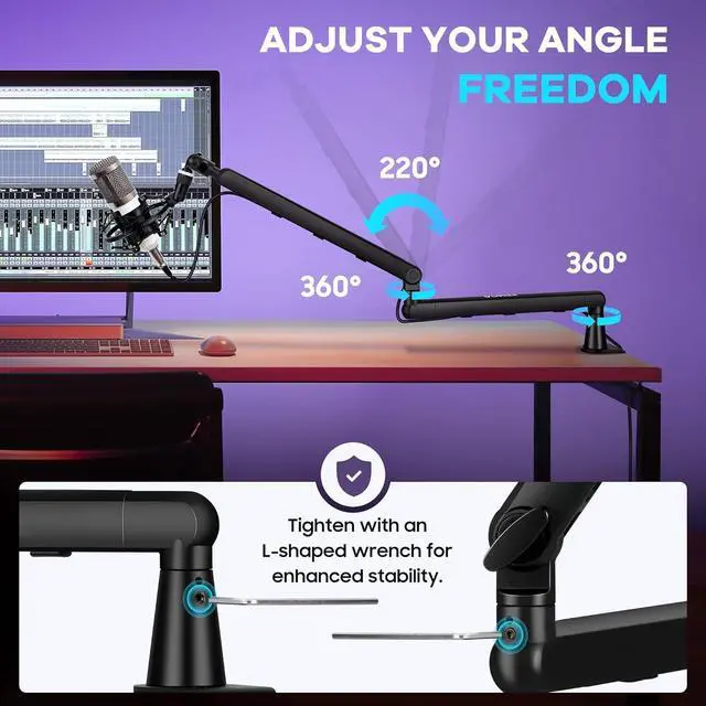 Alt view image 5 of 7 - Mic Stand Boom Arm - Low/High Profile Dual Use Desk Microphone Stand with 3.5in Extension Pole Desk Mount Clamp Cable Management Mic Stands with 2 Mic Clips