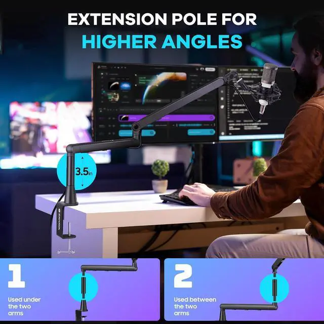 Alt view image 3 of 7 - Mic Stand Boom Arm - Low/High Profile Dual Use Desk Microphone Stand with 3.5in Extension Pole Desk Mount Clamp Cable Management Mic Stands with 2 Mic Clips