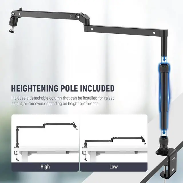 Alt view image 5 of 7 - Low Profile Mic Arm Desk Stand Mount with Damping, 360° Swivel Articulating Boom Arms with Heighten Pole & Cable Management Channels for Microphone Podcast Gaming Streaming Zoom Calls, MST002