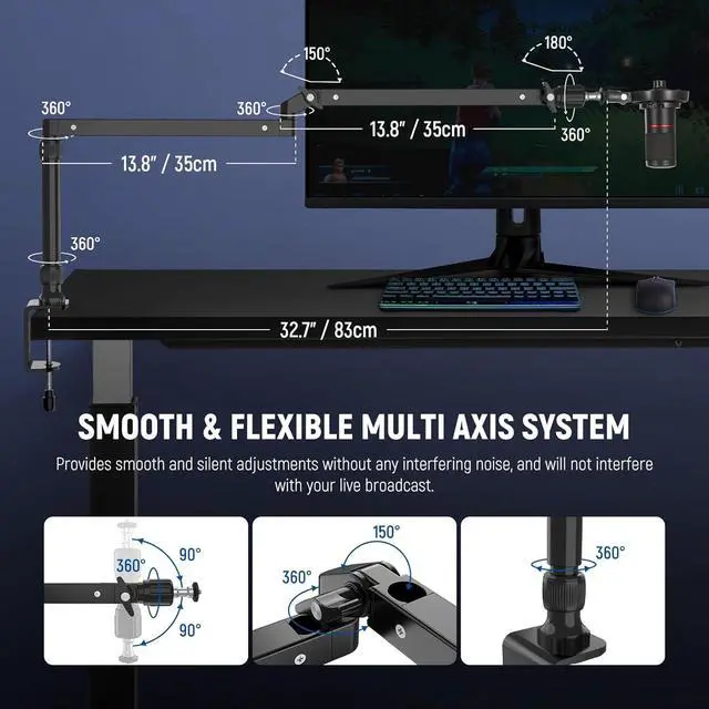 Alt view image 4 of 7 - Low Profile Mic Arm Desk Stand Mount with Damping, 360° Swivel Articulating Boom Arms with Heighten Pole & Cable Management Channels for Microphone Podcast Gaming Streaming Zoom Calls, MST002