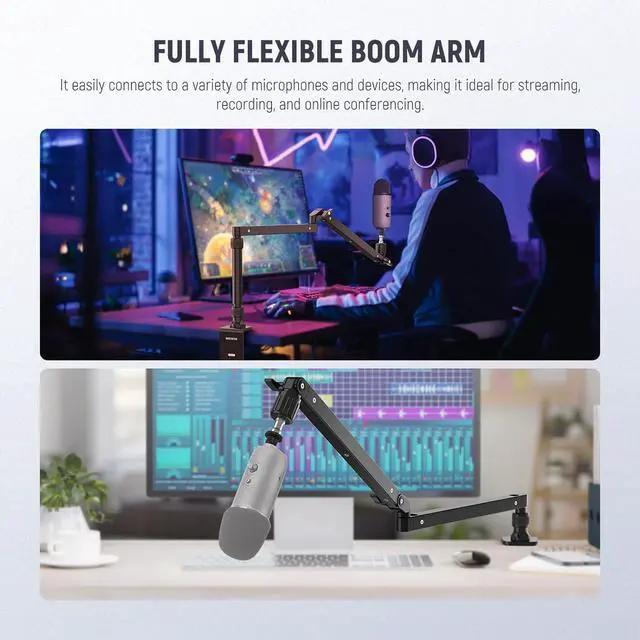 Alt view image 7 of 7 - Low Profile Mic Arm Desk Stand Mount with Damping, 360° Swivel Articulating Boom Arms with Heighten Pole & Cable Management Channels for Microphone Podcast Gaming Streaming Zoom Calls, MST002