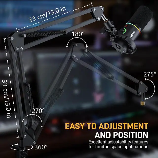 Alt view image 2 of 7 - Boom Arm Microphone Stand: Adjustable Metal Suspension Mic Boom Arm for Podcast Gaming Streaming Recording,with Desk Clamp and 3/8" to 5/8" Screw Adapter-Max Load 1KG BA20 Black