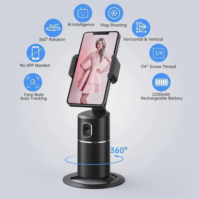 Alt view image 2 of 7 - Auto Face Tracking Phone Holder, No App Required, 360° Rotation Face Body Phone Tracking Tripod Smart Shooting Camera Mount for Live Vlog Streaming Video, Rechargeable Battery-Black