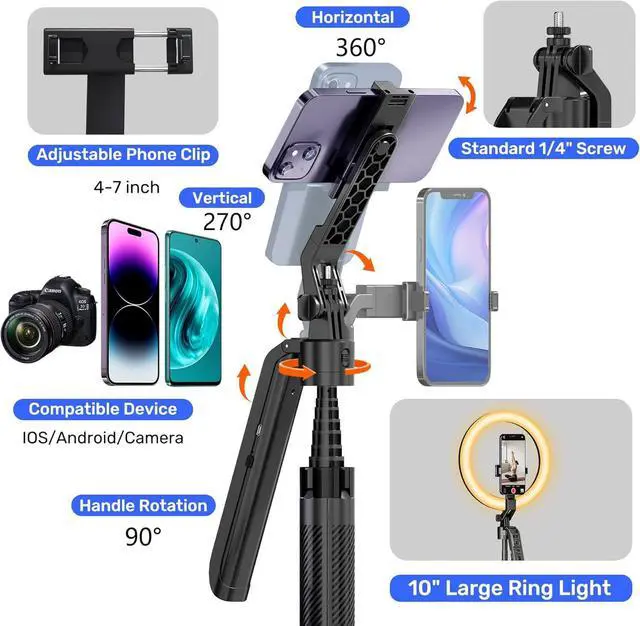 Alt view image 6 of 6 - Auto Face Tracking Selfie Stick Tripod for iPhone with 10" Ring Light,360 Rotation That Follows Your Movement,71" Phone Camera Stand with Remote for Content Creator Vlog Video Recording
