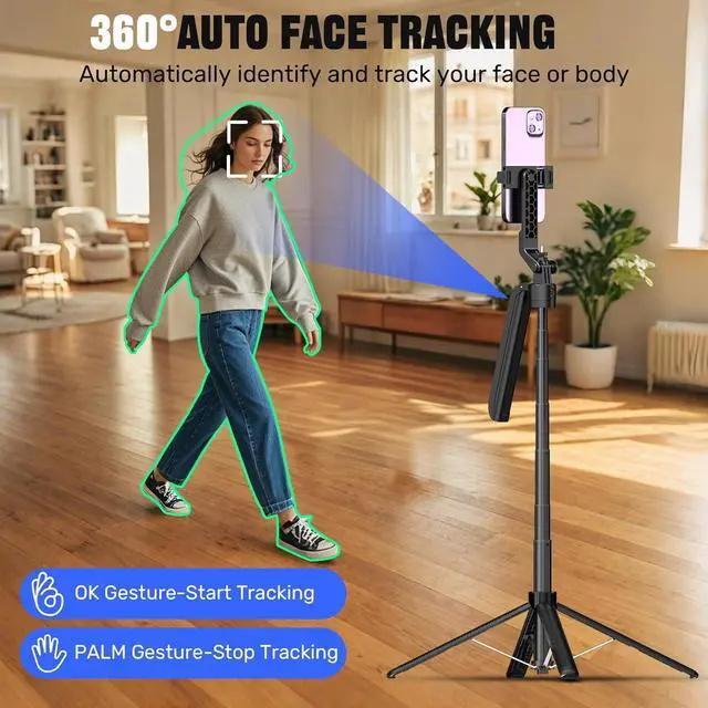 Alt view image 2 of 6 - Auto Face Tracking Selfie Stick Tripod for iPhone with 10" Ring Light,360 Rotation That Follows Your Movement,71" Phone Camera Stand with Remote for Content Creator Vlog Video Recording