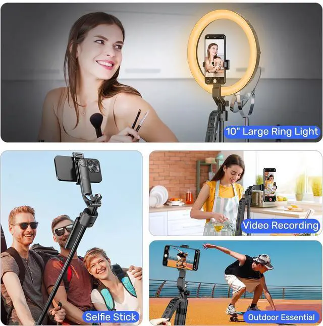 Alt view image 4 of 6 - Auto Face Tracking Selfie Stick Tripod for iPhone with 10" Ring Light,360 Rotation That Follows Your Movement,71" Phone Camera Stand with Remote for Content Creator Vlog Video Recording