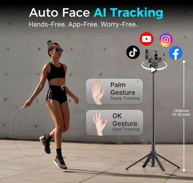 Alt view image 2 of 7 - Auto Face Tracking Tripod & 360° Rotating Selfie Stick with Light, Smart AI Motion Sensor, Facial Recognition, 1-Axis Gimbal Stabilizer Phone Holder for iPhone/Android, TikTok Video Recording/Vlog